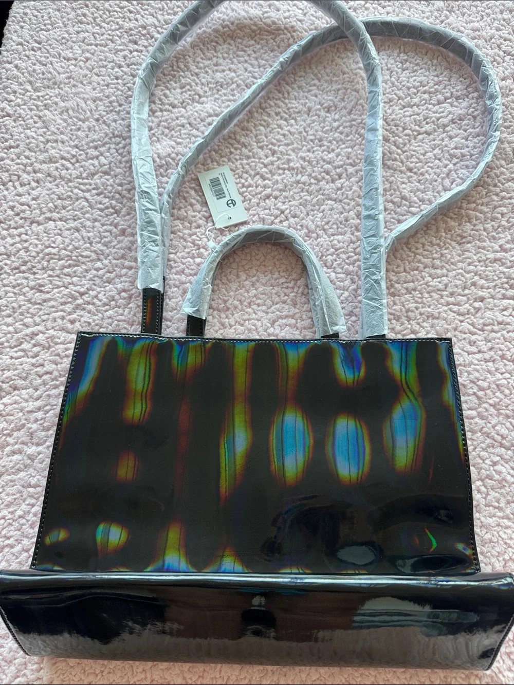 Medium Telfar Iridescent Black Holographic Tote with Top Handles